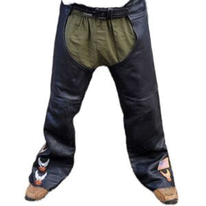 VINTAGE 90s Harley Davidson black leather zip leg chaps with‎ moto patches XL